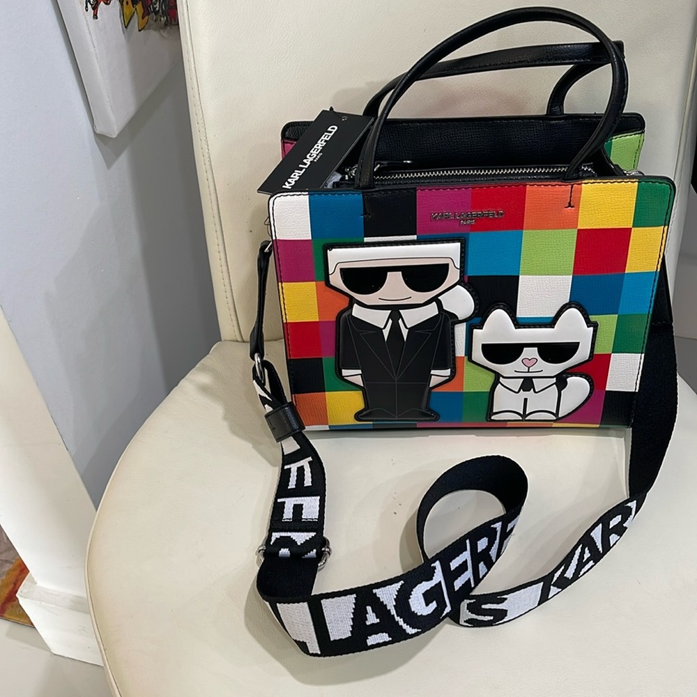 Karl Lagerfeld Blue/Black Multi Color "Karl & Cat" Satchel/Crossbody Bag